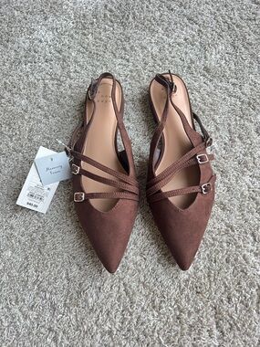 a new day Chocolate Brown Pointed Slingback Flats with Triple Straps. Size 8.5